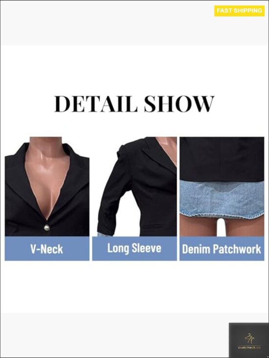 Denim Patchwork Blazer Slim Fit Business Casual Long Sleeve Lapel Jacket - Picture 4 of 7